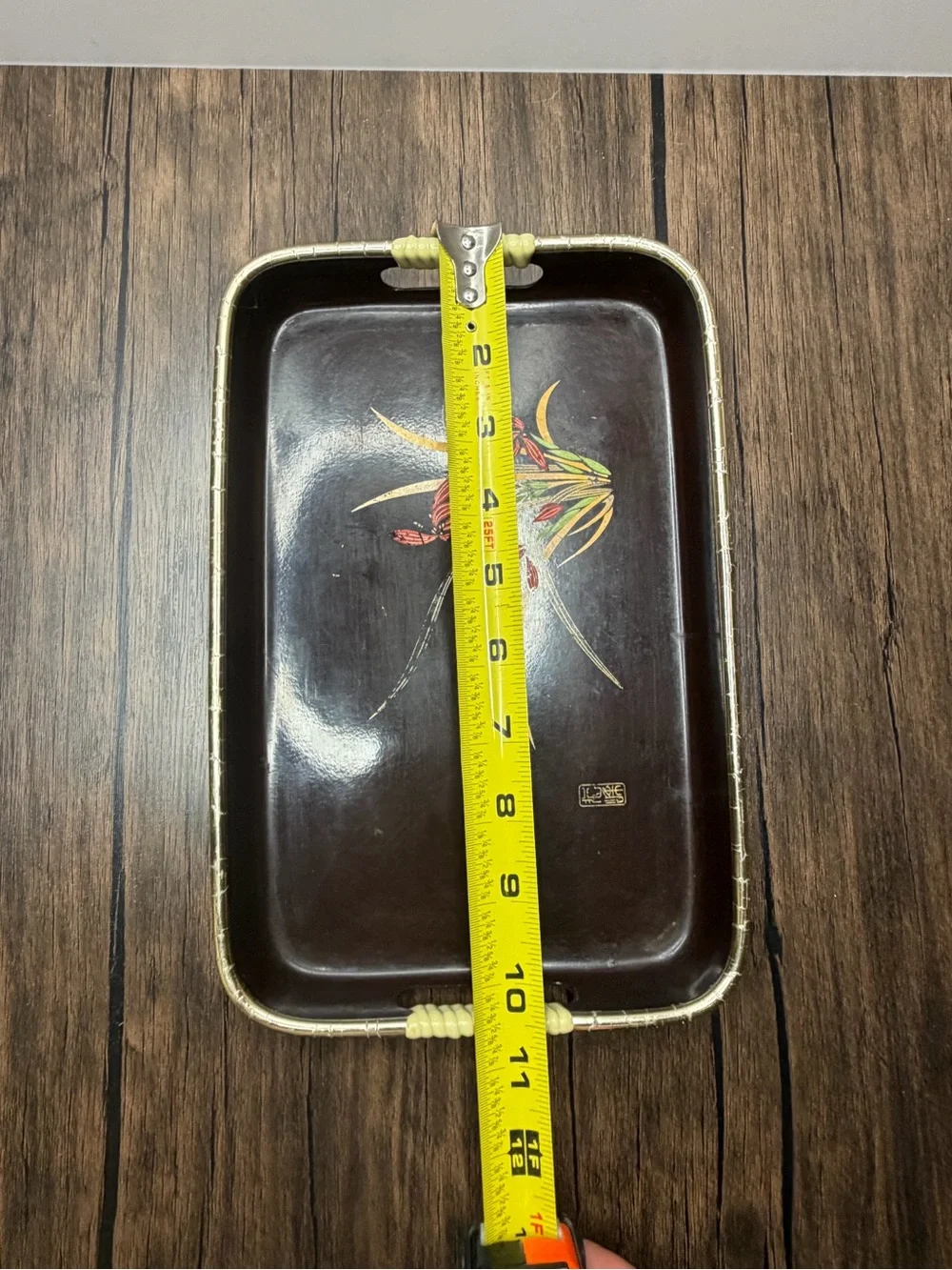 Vintage Mid-Century Japanese Floral Serving Tray in Dark Brown with Red Accent